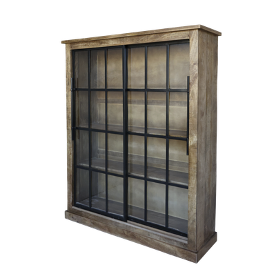 Spey large display cabinet with black framed glass sliding doors and natural wood finish, perfect for displaying treasures