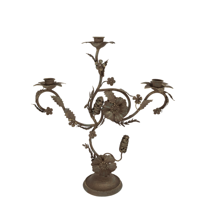 Old French three-arm candle holder with hand-finished floral detailing, bringing timeless elegance and vintage charm