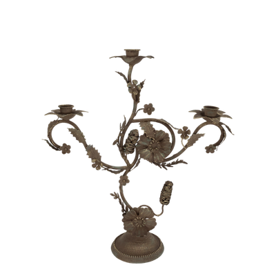 Old French three-arm candle holder with hand-finished floral detailing, bringing timeless elegance and vintage charm