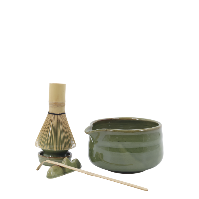 Japanese matcha tea set with handcrafted ceramic bowl, bamboo whisk, scoop and whisk holder for an authentic tea ritual.