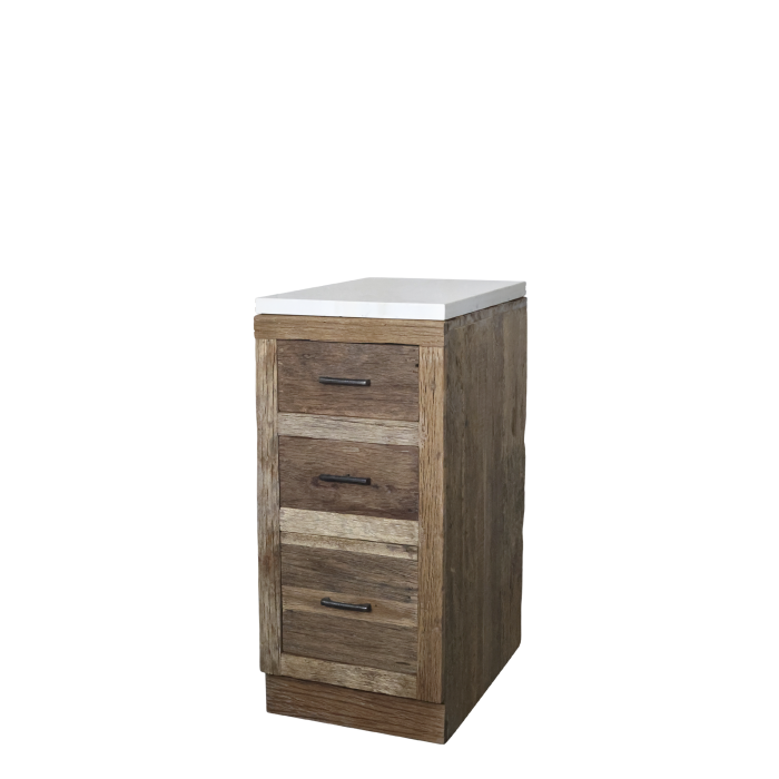 Amelie recycled wood three drawer cabinet with marble top, offering compact storage with timeless rustic elegance.