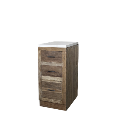 Amelie recycled wood three drawer cabinet with marble top, offering compact storage with timeless rustic elegance.