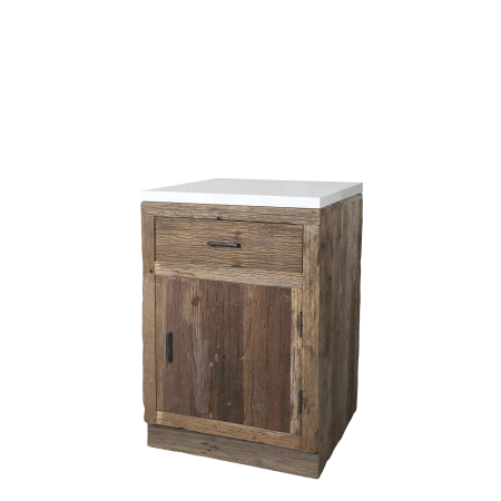 Amelie recycled wood single door cabinet with marble top and drawer, offering rustic storage with timeless natural charm.