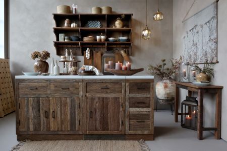 Amelie recycled wood single door cabinet with marble top and drawer, offering rustic storage with timeless natural charm.