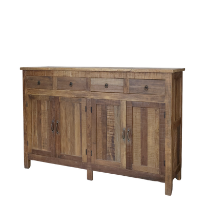 Amelie recycled wood sideboard with four drawers and four cupboard doors, offering timeless storage with rustic natural charm