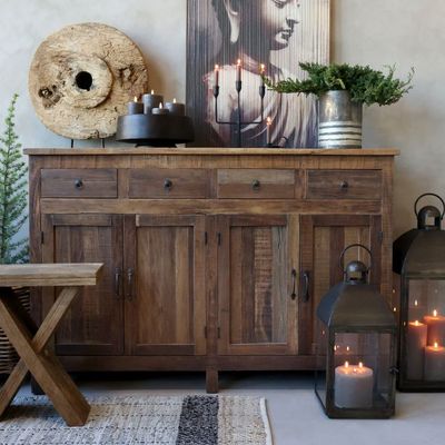 Amelie recycled wood sideboard with four drawers and four cupboard doors, offering timeless storage with rustic natural charm