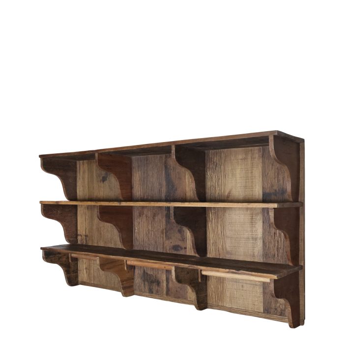 Amelie recycled wood kitchen shelf unit with open shelves and hanging rail, ideal for mugs, crockery and kitchen essentials.