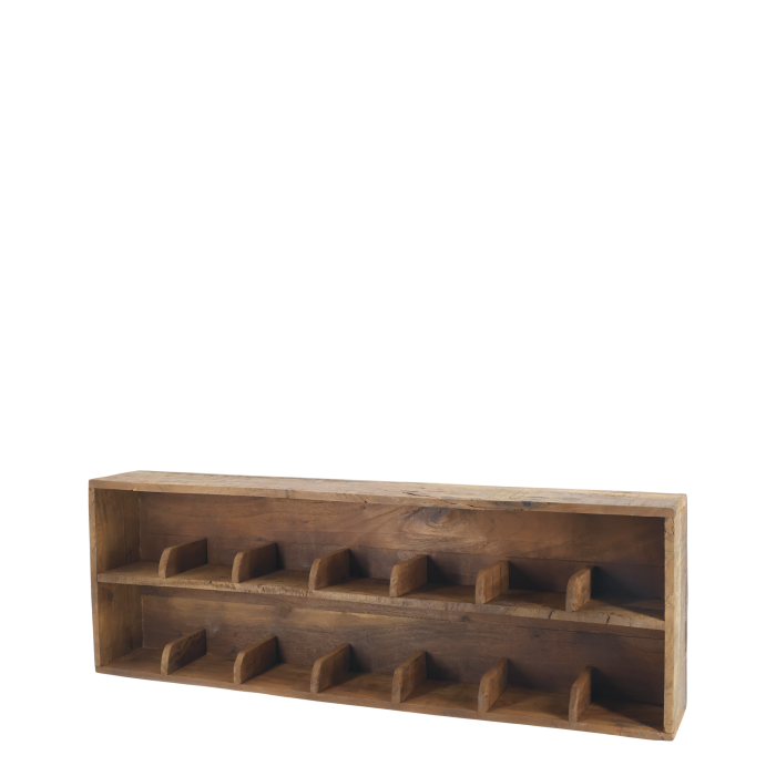 Amelie horizontal wooden compartment shelf displaying handcrafted ceramic mugs, bowls and cups in a warm rustic interior.