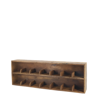 Amelie horizontal wooden compartment shelf displaying handcrafted ceramic mugs, bowls and cups in a warm rustic interior.