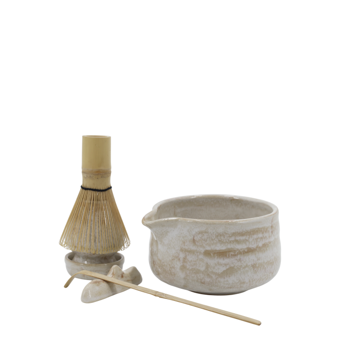 Japanese matcha tea set with handcrafted ceramic bowl, bamboo whisk, scoop and whisk holder for an authentic tea ritual.
