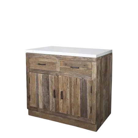 Amelie recycled wood double door cabinet with marble top, combining rustic storage with timeless natural elegance.