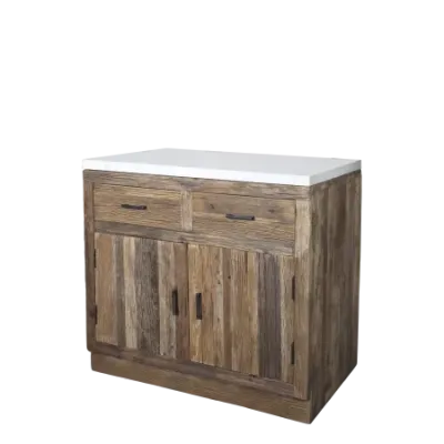 Amelie recycled wood double door cabinet with marble top, combining rustic storage with timeless natural elegance.