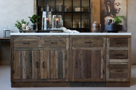 Amelie recycled wood double door cabinet with marble top, combining rustic storage with timeless natural elegance.