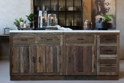 Amelie recycled wood double door cabinet with marble top, combining rustic storage with timeless natural elegance.