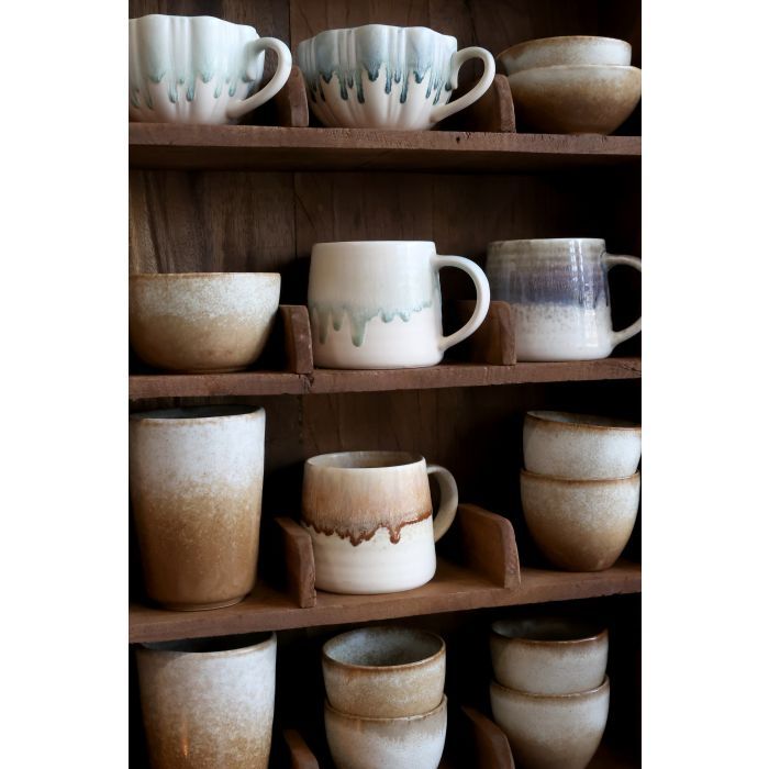 Amelie rectangular recycled wood compartment shelf displaying handcrafted ceramic mugs, bowls and cups