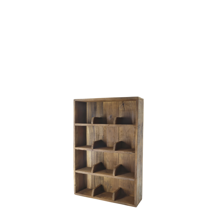 Amelie rectangular recycled wood compartment shelf displaying handcrafted ceramic mugs, bowls and cups in a rustic home inter