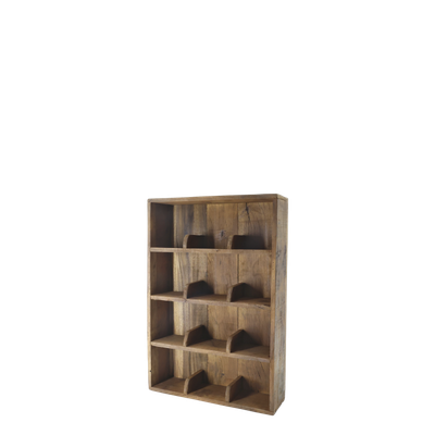 Amelie rectangular recycled wood compartment shelf displaying handcrafted ceramic mugs, bowls and cups in a rustic home inter