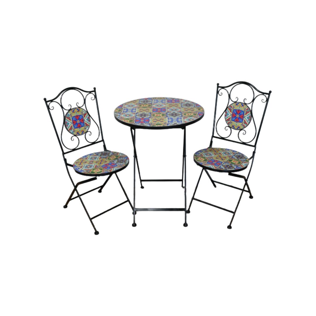 Maroc Mosaic Garden Bistro Patio Set Colourful mosaic garden bistro set with round table and two folding metal chairs featuring vibrant ceramic tile designs.