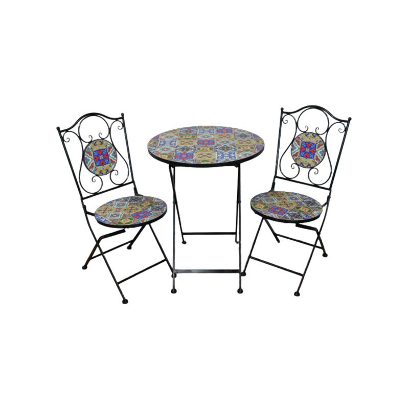 Maroc Mosaic Garden Bistro Patio Set Colourful mosaic garden bistro set with round table and two folding metal chairs featuring vibrant ceramic tile designs.