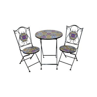 Colourful mosaic garden bistro set with round table and two folding metal chairs featuring vibrant ceramic tile designs.