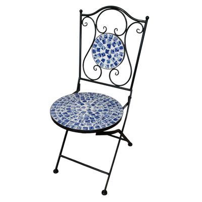 Blue mosaic garden bistro set with round table and two folding metal chairs featuring decorative ceramic mosaic detailing.