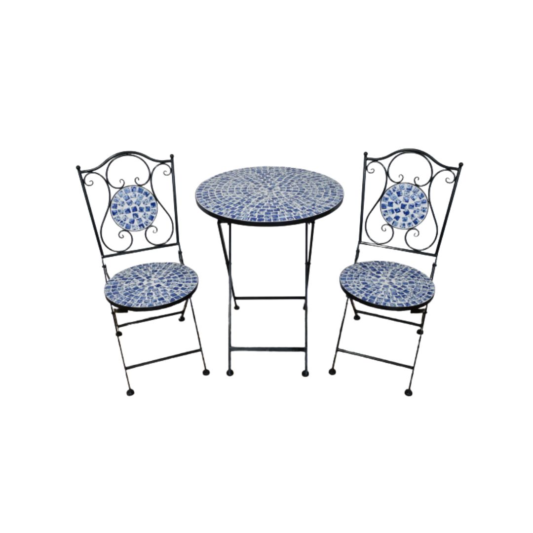 Delft Mosaic Garden Bistro Patio Set Blue mosaic garden bistro set with round table and two folding metal chairs featuring decorative ceramic mosaic detailing.