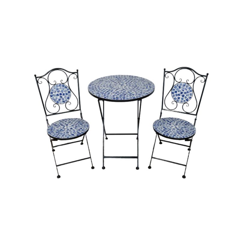 Delft Mosaic Garden Bistro Patio Set Blue mosaic garden bistro set with round table and two folding metal chairs featuring decorative ceramic mosaic detailing.