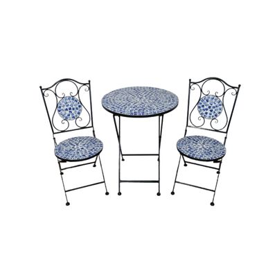 Blue mosaic garden bistro set with round table and two folding metal chairs featuring decorative ceramic mosaic detailing.