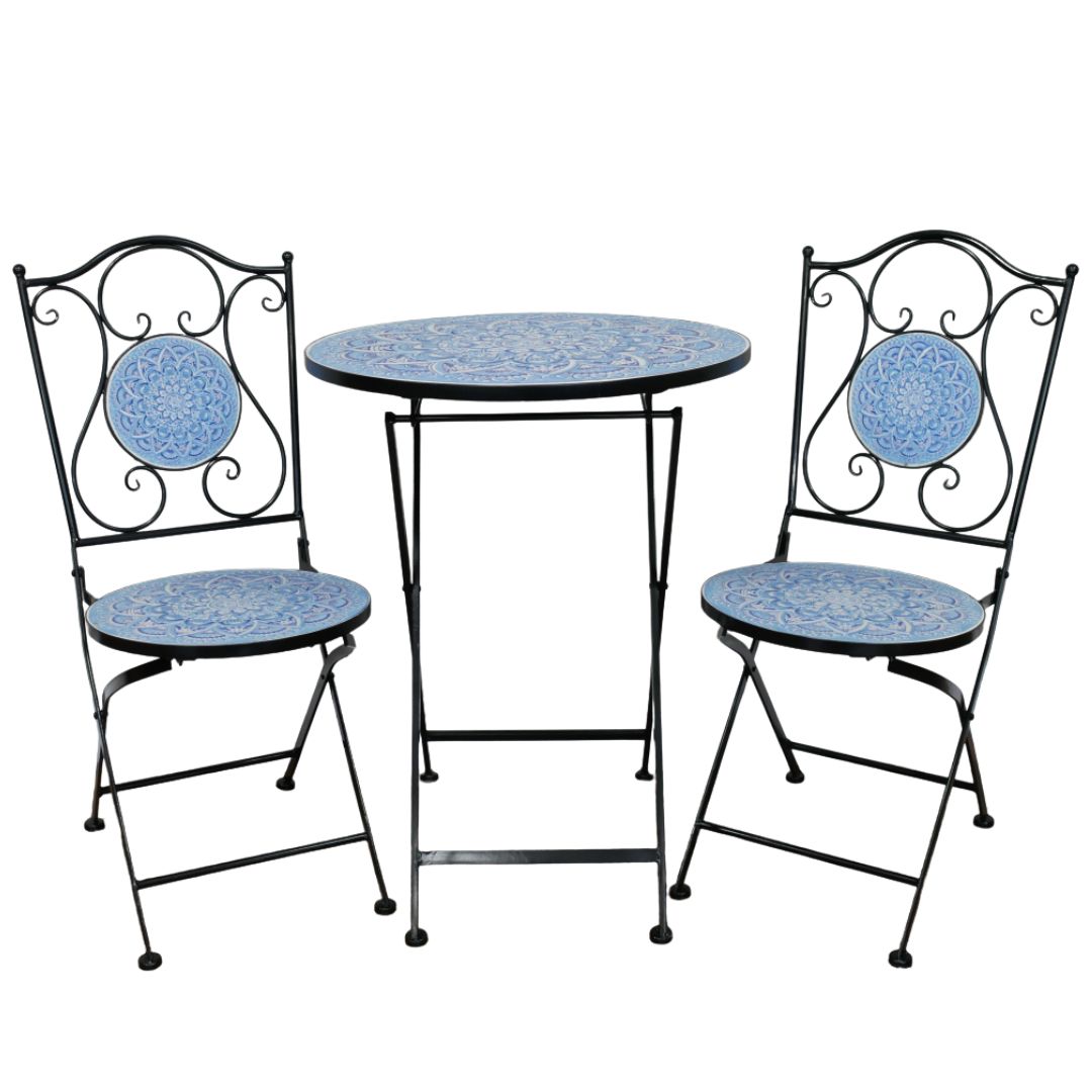 Blue mosaic garden bistro set with round table and two folding metal chairs featuring decorative ceramic mosaic detailing.