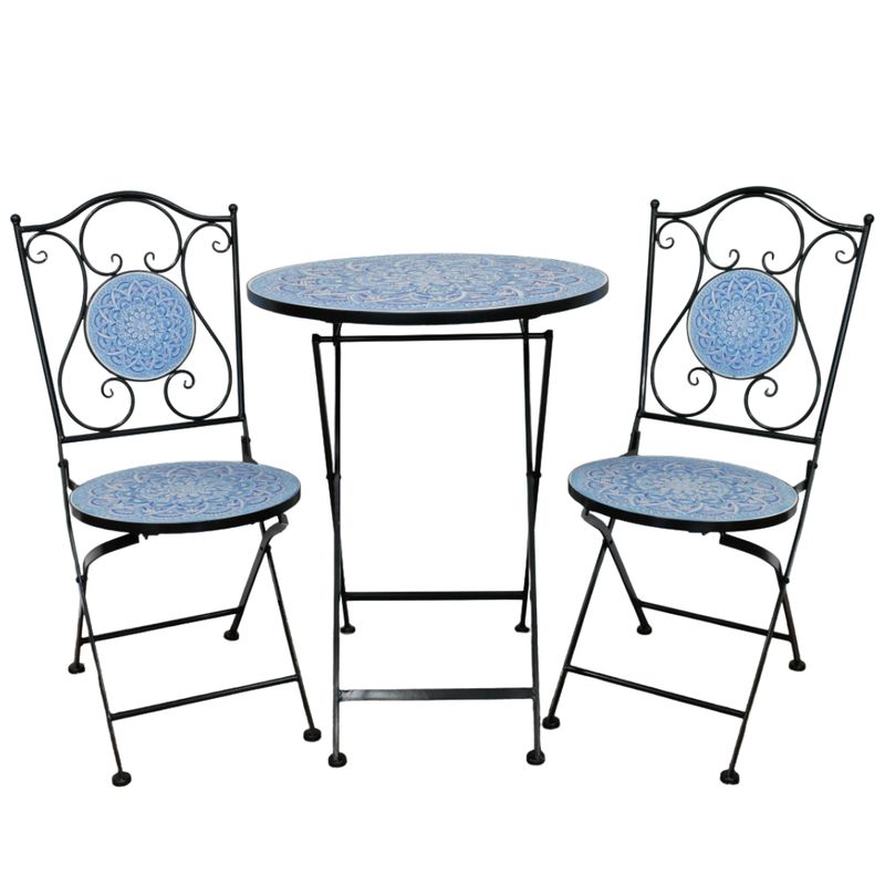 Rhodes Mosaic Garden Bistro Patio Set Blue mosaic garden bistro set with round table and two folding metal chairs featuring decorative ceramic mosaic detailing.