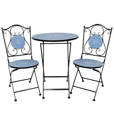 Rhodes Mosaic Garden Bistro Patio Set Blue mosaic garden bistro set with round table and two folding metal chairs featuring decorative ceramic mosaic detailing.