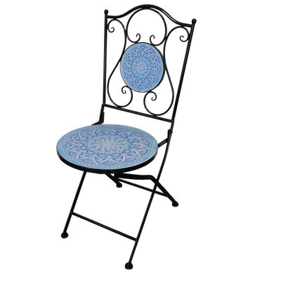 Blue mosaic garden bistro set with round table and two folding metal chairs featuring decorative ceramic mosaic detailing.