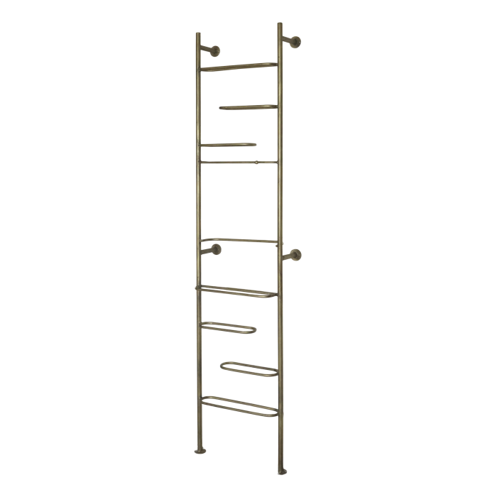 Tall metal wine rack with an aged finish, featuring horizontal bottle holders in a slim, space-saving vertical design.