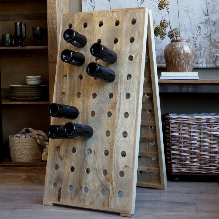 French wooden wine rack with a folding A-frame design, featuring evenly spaced circular bottle openings and a natural wood 