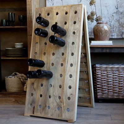 French wooden wine rack with a folding A-frame design, featuring evenly spaced circular bottle openings and a natural wood 