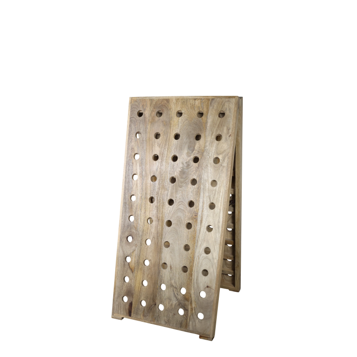 French wooden wine rack with a folding A-frame design, featuring evenly spaced circular bottle openings and a natural wood 