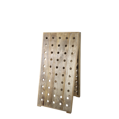 French wooden wine rack with a folding A-frame design, featuring evenly spaced circular bottle openings and a natural wood 