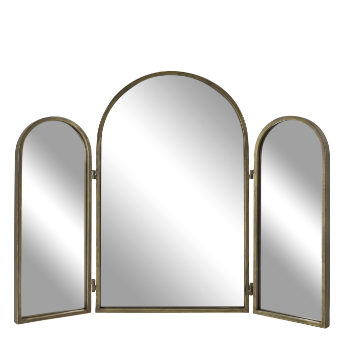 Tri fold arched mirror with an aged metal frame and hinged side panels, perfect for dressing tables or mantel displays.