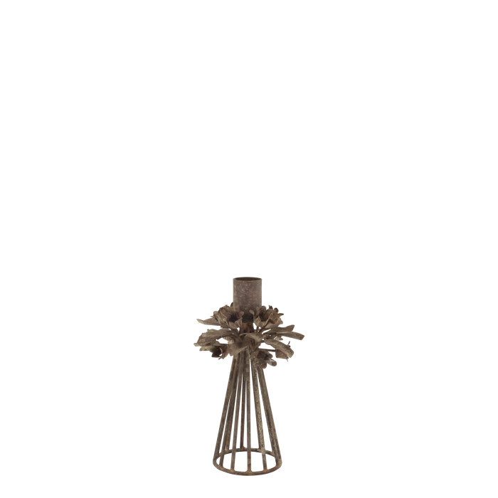 Eden Set of Two Candlesticks Rustic metal candle holder with a tapered cage base and decorative oak leaf wreath detail beneath the candle socket.