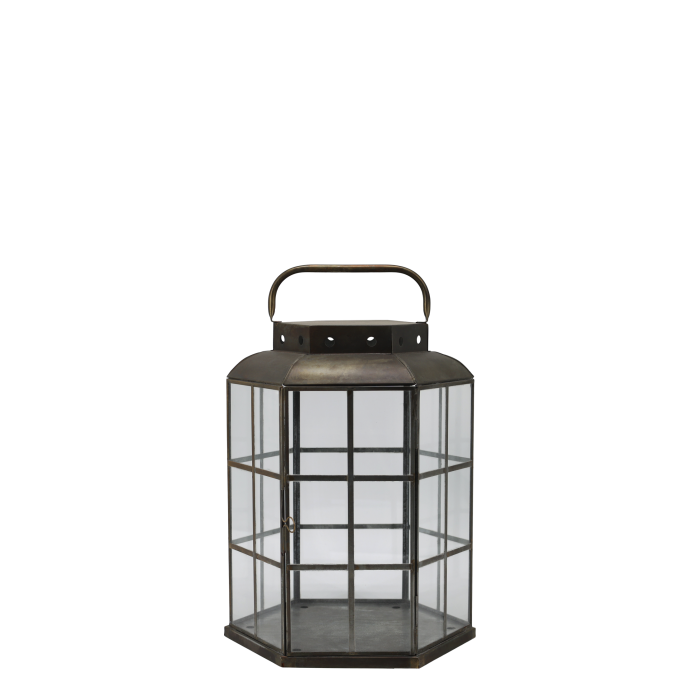 Set of two hexagonal metal and glass lanterns in antique bronze finish with carry handles, shown in small and large sizes.