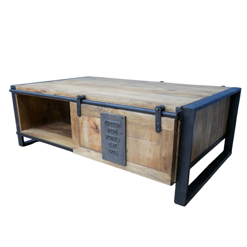 Iron Works Coffee Table in weathered wood and black metal, with open storage and a sliding panel door.