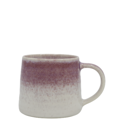 Heather Blush: Ceramic mug with a softly rounded shape, curved handle and reactive dusky-mauve glaze fading into speckled.