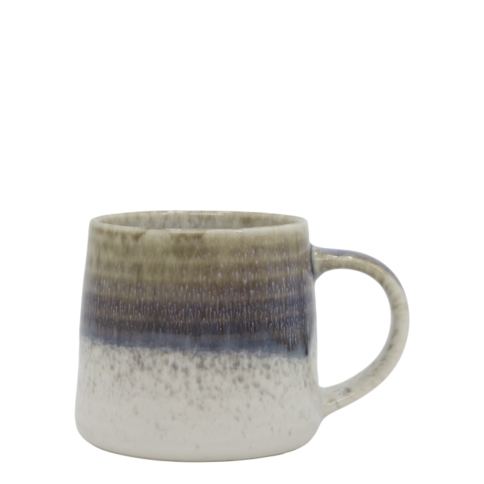 Ceramic mug with a softly rounded shape, curved handle and reactive glaze fading from earthy olive through smoky blue into a 