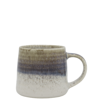 Ceramic mug with a softly rounded shape, curved handle and reactive glaze fading from earthy olive through smoky blue into a 