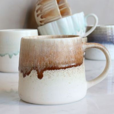 Honey Oat: Easy Morning Mug with warm caramel drip glaze, creamy speckled base and rounded handle.