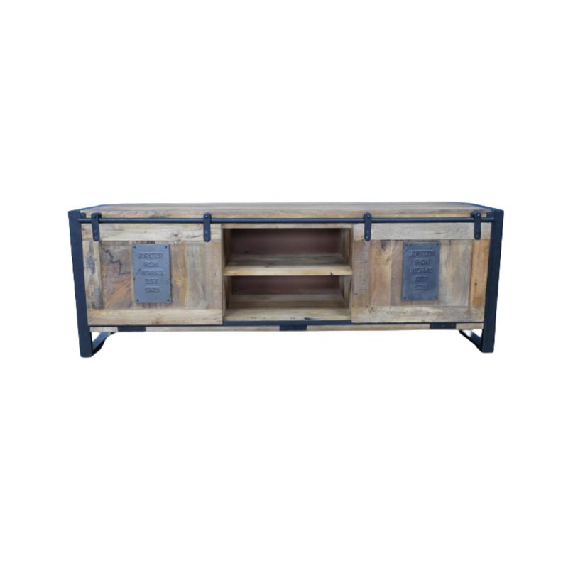 Iron Works Media Unit in weathered wood and black metal, with two sliding doors and open central shelving.