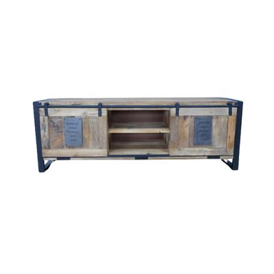 Iron Works Media Unit in weathered wood and black metal, with two sliding doors and open central shelving.