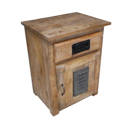 Iron Works Bedside Cabinet in weathered wood, with one drawer, a cupboard and dark metal detailing.