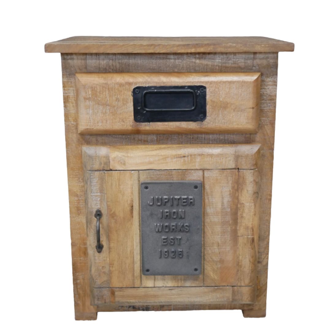 Iron Works Bedside Cabinet in weathered wood, with one drawer, a cupboard and dark metal detailing.