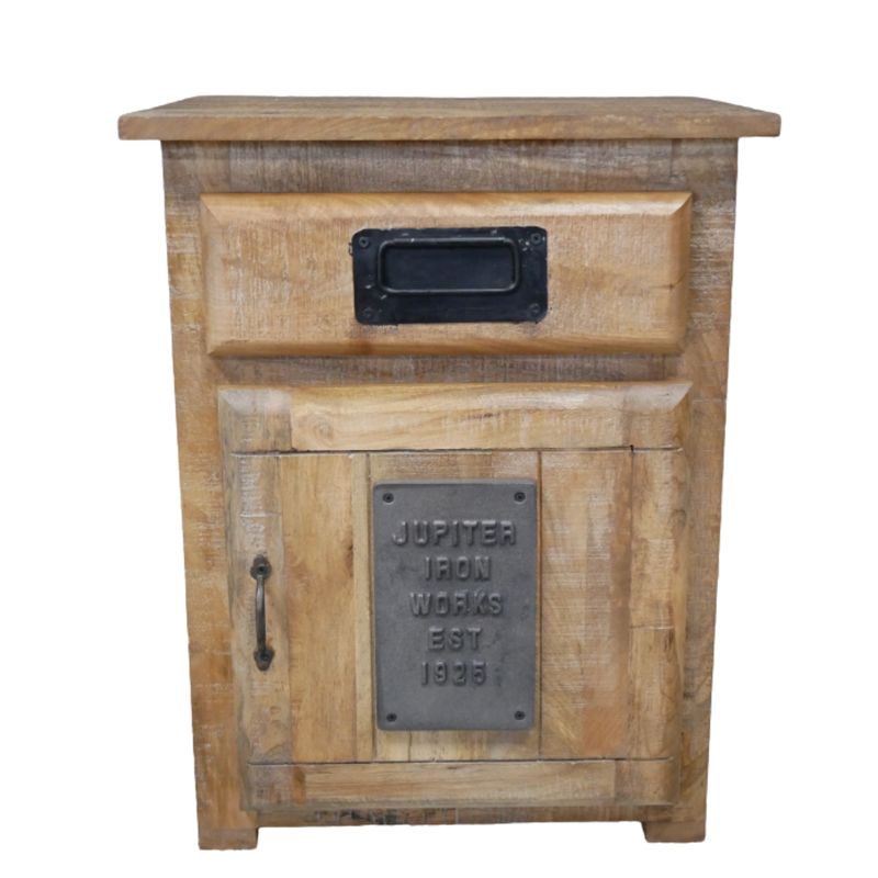 Iron Works Bedside Cabinet in weathered wood, with one drawer, a cupboard and dark metal detailing.